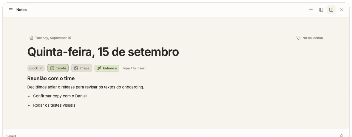 Editor de notas do Vozeto com uma nota aberta, cheia de itens de tarefa