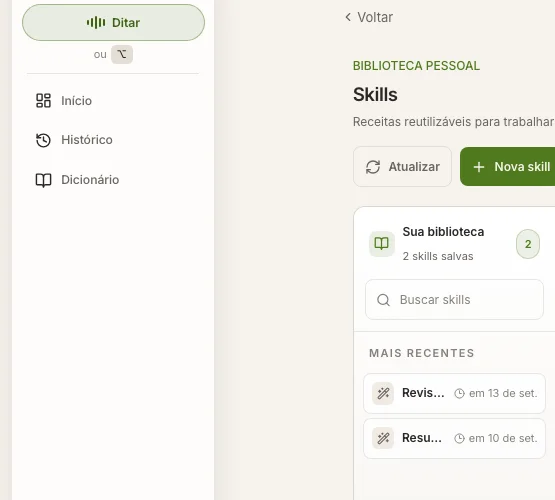 Biblioteca de skills do Vozeto com skills salvas para reutilizar